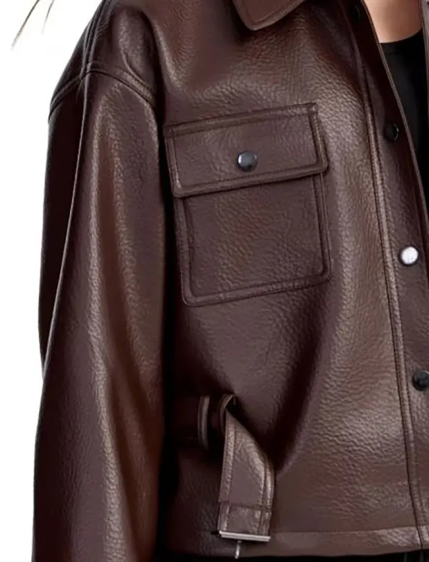 Pebbled Faux Leather Jacket with Belt and Pockets