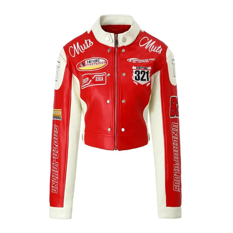 Embroidered Red and Black Color Block Racing Jacket